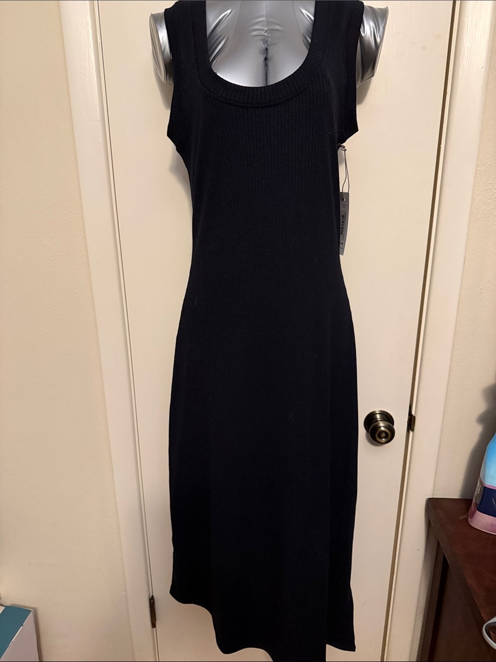 Three Dots Black Ribbed Asymmetric Sleeveless Midi Dress Size Medium NWT
